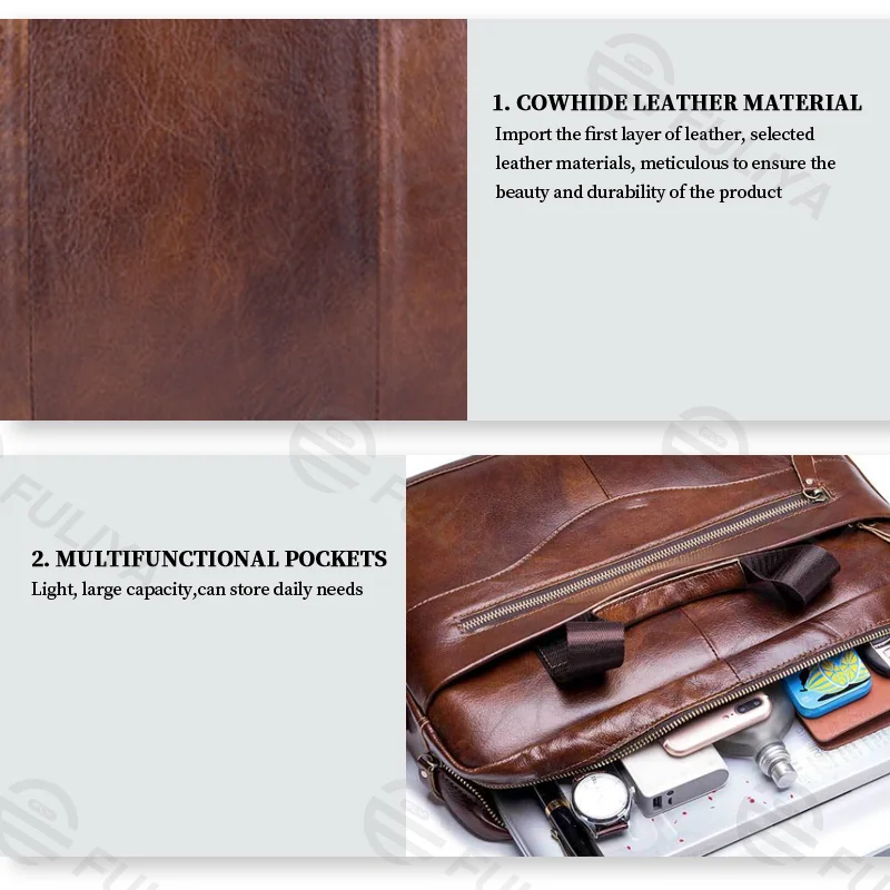 Guangzhou Fuliya Industry Co.,Ltd C-80909 Men's top-grain cowhide laptop briefcase, large capacity, laptop compartment, alloy zipper, and adjustable strap - hand, shoulder, or crossbody carry for business, commuting, and business trips.