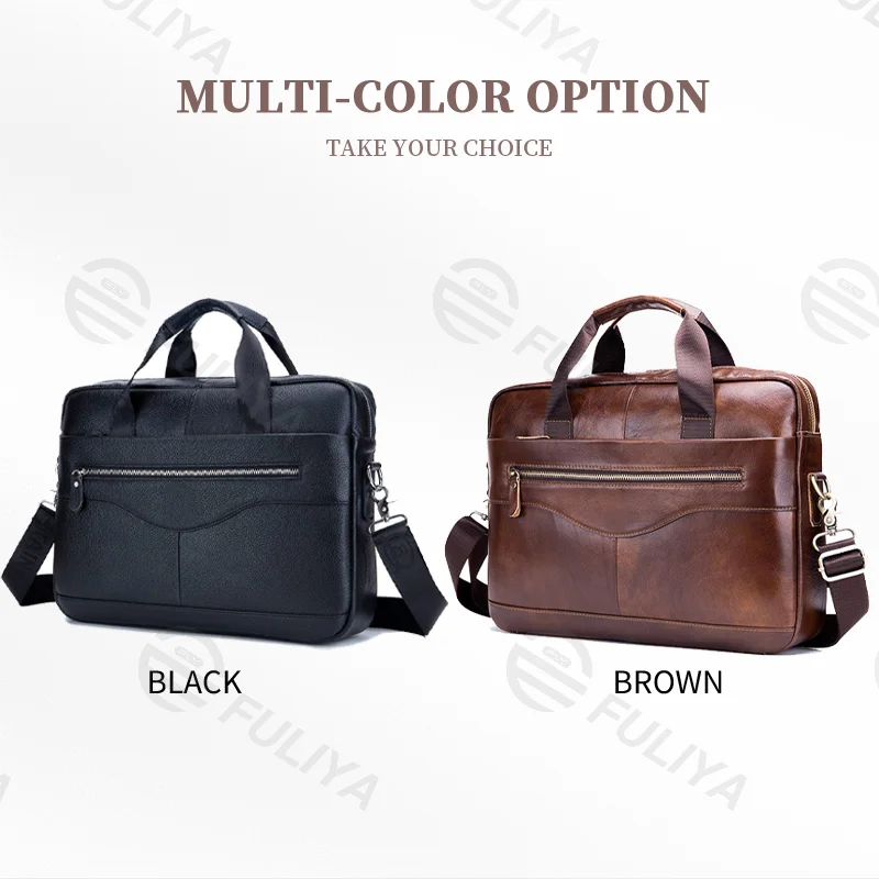 Guangzhou Fuliya Industry Co.,Ltd C-80909 Men's top-grain cowhide laptop briefcase, large capacity, laptop compartment, alloy zipper, and adjustable strap - hand, shoulder, or crossbody carry for business, commuting, and business trips.