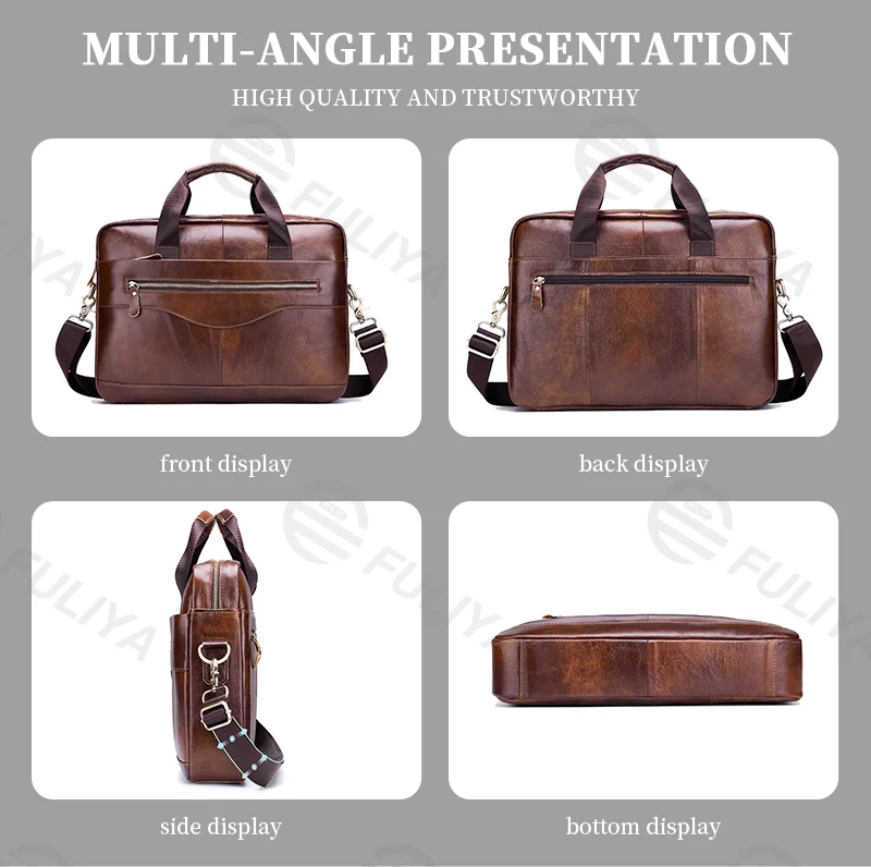 Guangzhou Fuliya Industry Co.,Ltd C-80909 Men's top-grain cowhide laptop briefcase, large capacity, laptop compartment, alloy zipper, and adjustable strap - hand, shoulder, or crossbody carry for business, commuting, and business trips.