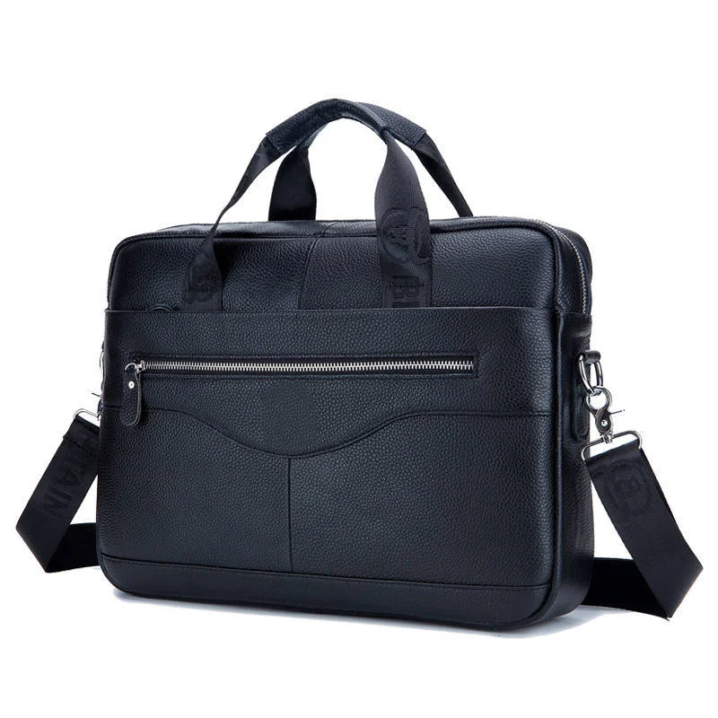 Guangzhou Fuliya Industry Co.,Ltd C-80909 Men's top-grain cowhide laptop briefcase, large capacity, laptop compartment, alloy zipper, and adjustable strap - hand, shoulder, or crossbody carry for business, commuting, and business trips.