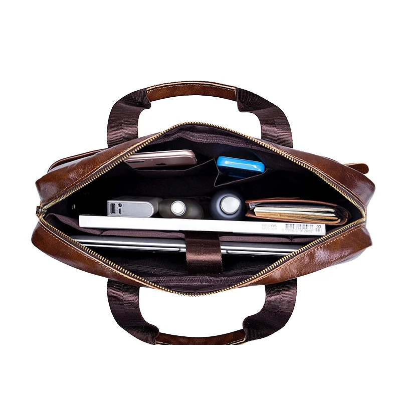 Guangzhou Fuliya Industry Co.,Ltd C-80909 Men's top-grain cowhide laptop briefcase, large capacity, laptop compartment, alloy zipper, and adjustable strap - hand, shoulder, or crossbody carry for business, commuting, and business trips.