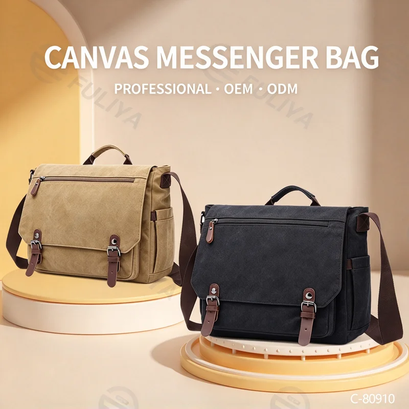 Guangzhou Fuliya Industry Co.,Ltd C-80910 Men's canvas shoulder/crossbody bag, soft washed canvas, large capacity, laptop sleeve, inner zipper pocket, and adjustable strap - hand, shoulder, or crossbody carry for business, commuting, and casual use.