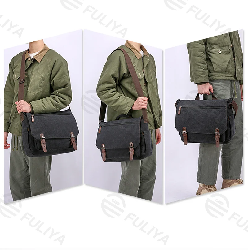 Guangzhou Fuliya Industry Co.,Ltd C-80910 Men's canvas shoulder/crossbody bag, soft washed canvas, large capacity, laptop sleeve, inner zipper pocket, and adjustable strap - hand, shoulder, or crossbody carry for business, commuting, and casual use.