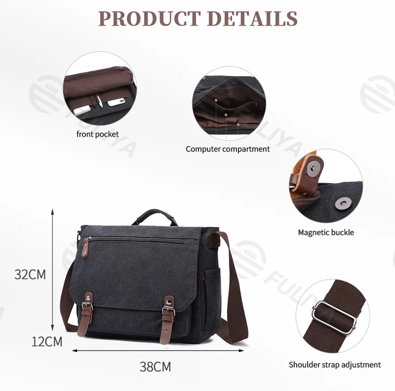 Guangzhou Fuliya Industry Co.,Ltd C-80910 Men's canvas shoulder/crossbody bag, soft washed canvas, large capacity, laptop sleeve, inner zipper pocket, and adjustable strap - hand, shoulder, or crossbody carry for business, commuting, and casual use.