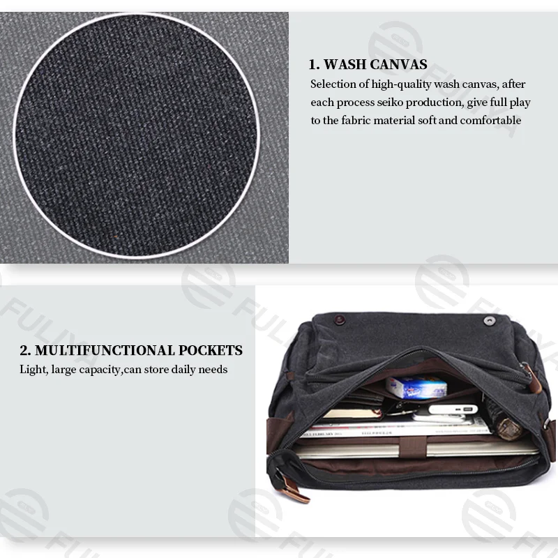 Guangzhou Fuliya Industry Co.,Ltd C-80910 Men's canvas shoulder/crossbody bag, soft washed canvas, large capacity, laptop sleeve, inner zipper pocket, and adjustable strap - hand, shoulder, or crossbody carry for business, commuting, and casual use.
