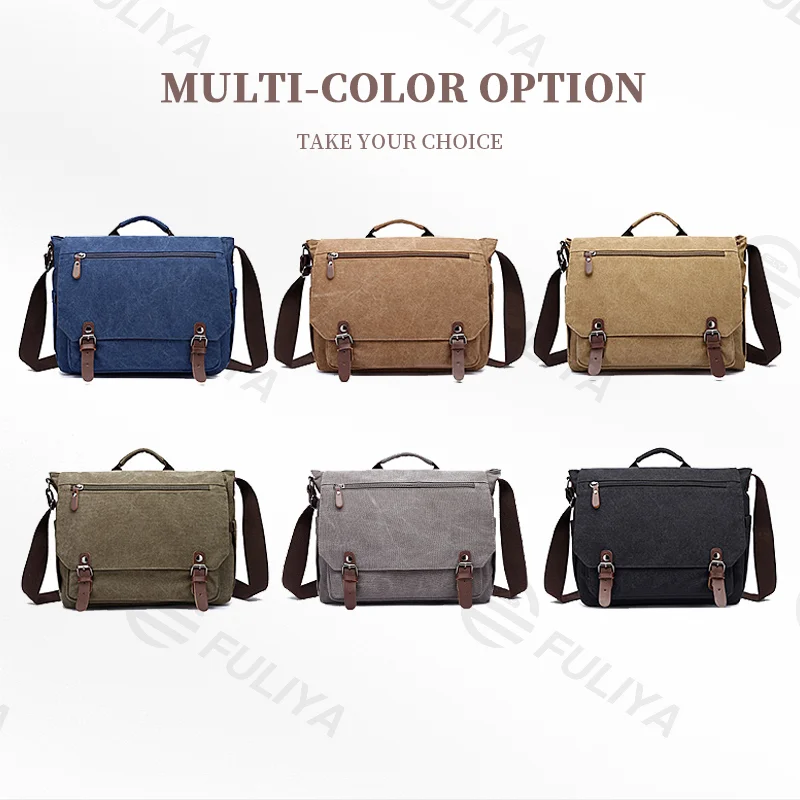 Guangzhou Fuliya Industry Co.,Ltd C-80910 Men's canvas shoulder/crossbody bag, soft washed canvas, large capacity, laptop sleeve, inner zipper pocket, and adjustable strap - hand, shoulder, or crossbody carry for business, commuting, and casual use.