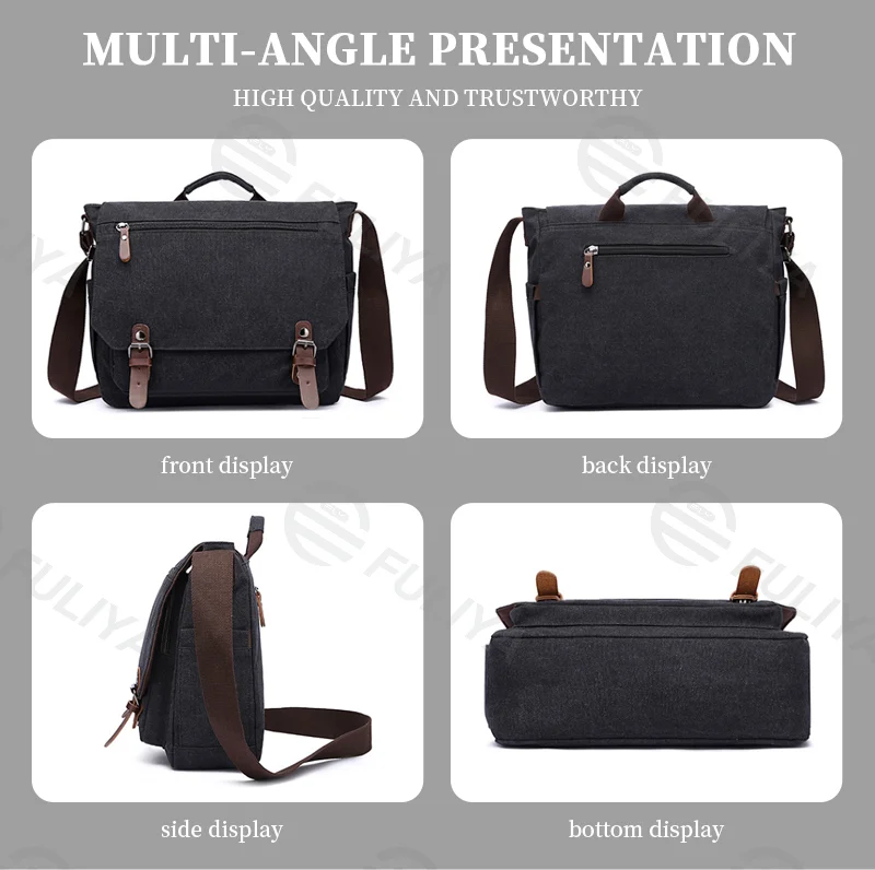 Guangzhou Fuliya Industry Co.,Ltd C-80910 Men's canvas shoulder/crossbody bag, soft washed canvas, large capacity, laptop sleeve, inner zipper pocket, and adjustable strap - hand, shoulder, or crossbody carry for business, commuting, and casual use.