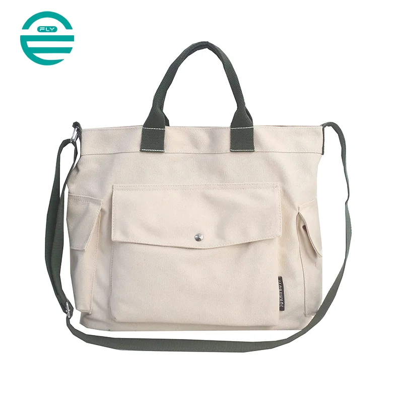 Guangzhou Fuliya Industry Co.,Ltd C-80911 Canvas tote bag, water-resistant, multiple colors, customizable, large capacity, flap pocket, side pockets, handle, and adjustable strap - for commuting, campus, and daily use.
