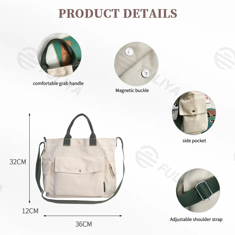 Guangzhou Fuliya Industry Co.,Ltd C-80911 Canvas tote bag, water-resistant, multiple colors, customizable, large capacity, flap pocket, side pockets, handle, and adjustable strap - for commuting, campus, and daily use.