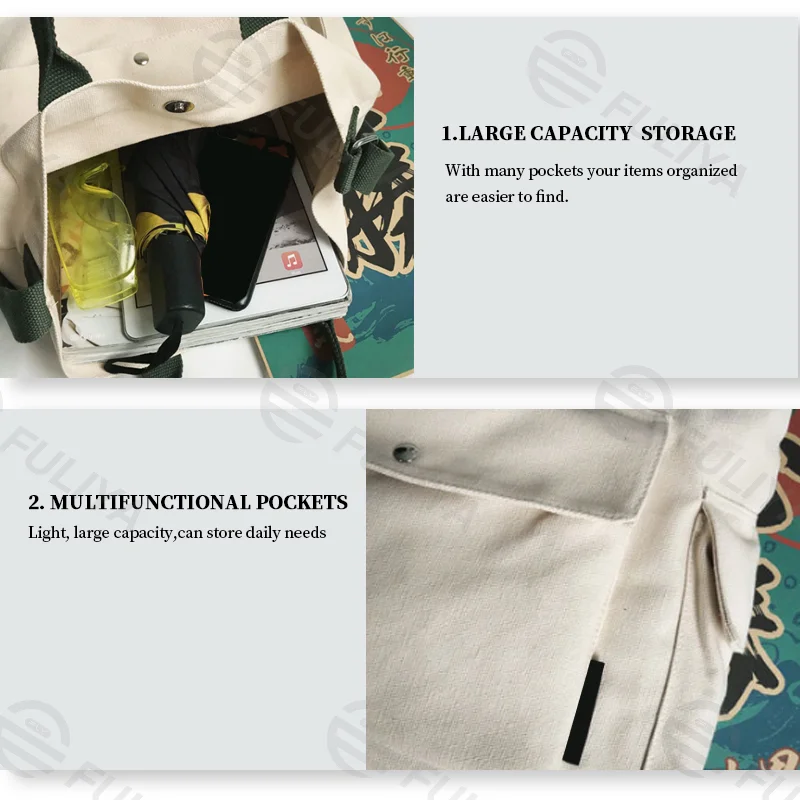 Guangzhou Fuliya Industry Co.,Ltd C-80911 Canvas tote bag, water-resistant, multiple colors, customizable, large capacity, flap pocket, side pockets, handle, and adjustable strap - for commuting, campus, and daily use.