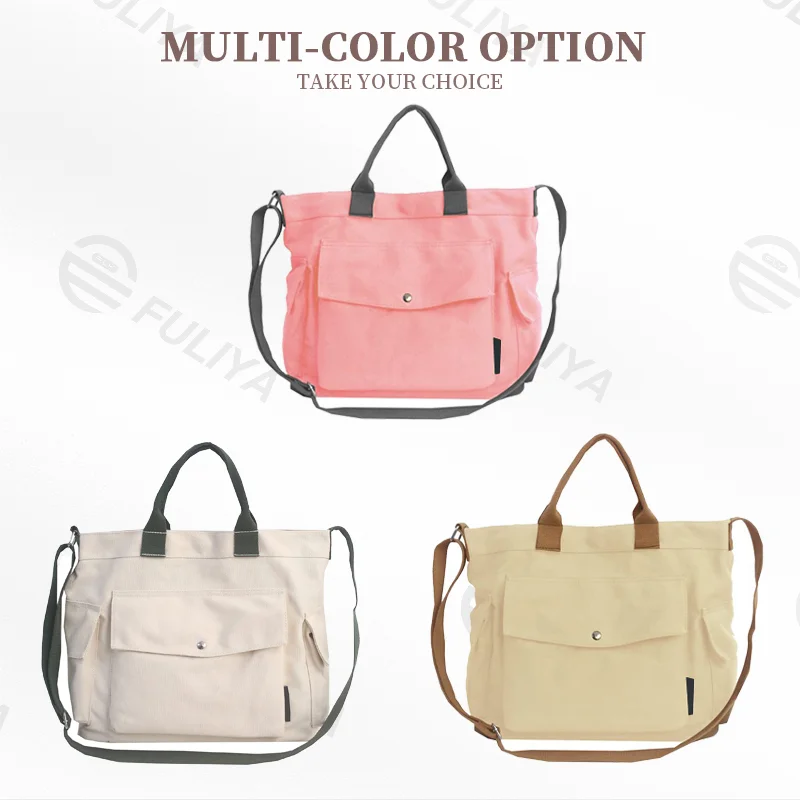 Guangzhou Fuliya Industry Co.,Ltd C-80911 Canvas tote bag, water-resistant, multiple colors, customizable, large capacity, flap pocket, side pockets, handle, and adjustable strap - for commuting, campus, and daily use.