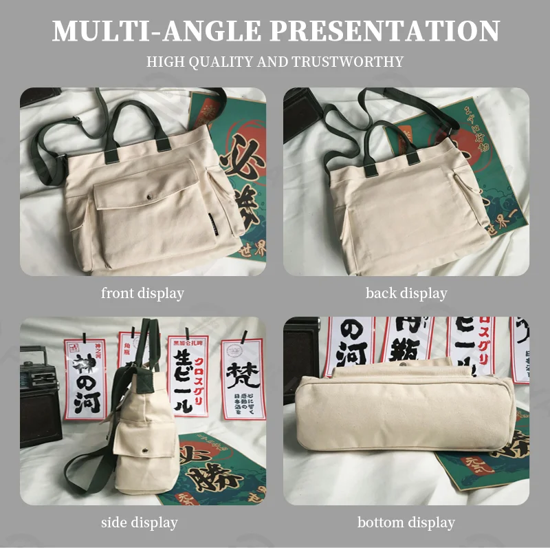 Guangzhou Fuliya Industry Co.,Ltd C-80911 Canvas tote bag, water-resistant, multiple colors, customizable, large capacity, flap pocket, side pockets, handle, and adjustable strap - for commuting, campus, and daily use.