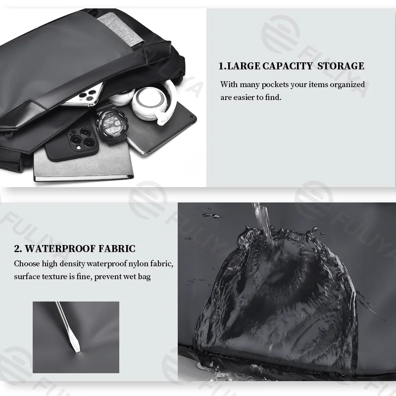 Guangzhou Fuliya Industry Co.,Ltd C-80913  Men's utility crossbody bag, water-repellent, multi-layer storage, fits 7.9" iPad, heavy-duty buckle, quick-release clip, and adjustable strap - for cycling, commuting, and outdoor.
