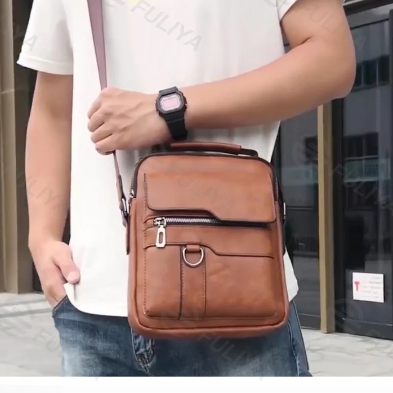 Guangzhou Fuliya Industry Co.,Ltd C-80915  Men's vintage crossbody bag, textured leather, compact body with large capacity, multi-pockets, and quality hardware - shoulder, crossbody, or hand carry for business, commuting, and daily use.