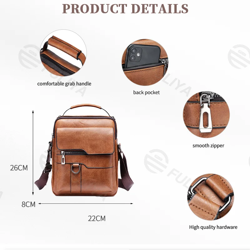 Guangzhou Fuliya Industry Co.,Ltd C-80915  Men's vintage crossbody bag, textured leather, compact body with large capacity, multi-pockets, and quality hardware - shoulder, crossbody, or hand carry for business, commuting, and daily use.