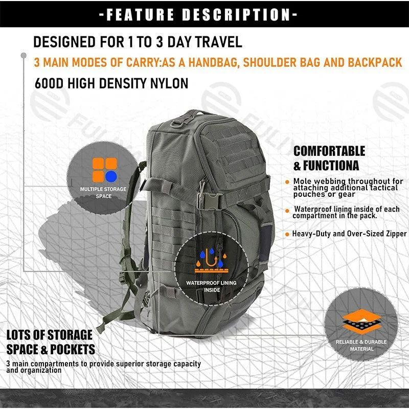 Guangzhou Fuliya Industry Co.,Ltd C-80921  Tactical travel gym bag, water-resistant, large capacity, anti-theft main pocket, hidden top pocket, and MOLLE system - for short trips and fitness.