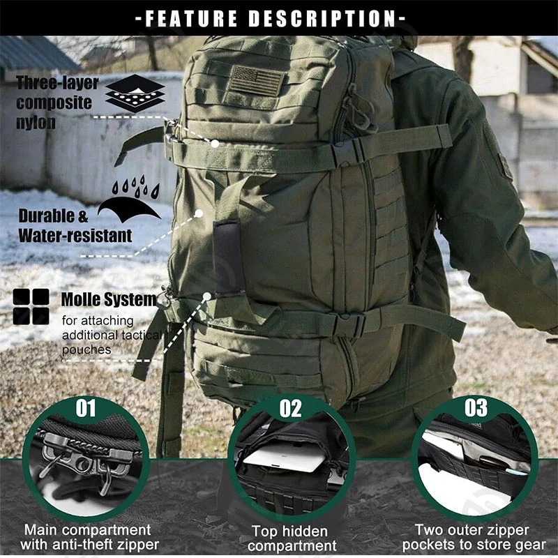 Guangzhou Fuliya Industry Co.,Ltd C-80921  Tactical travel gym bag, water-resistant, large capacity, anti-theft main pocket, hidden top pocket, and MOLLE system - for short trips and fitness.