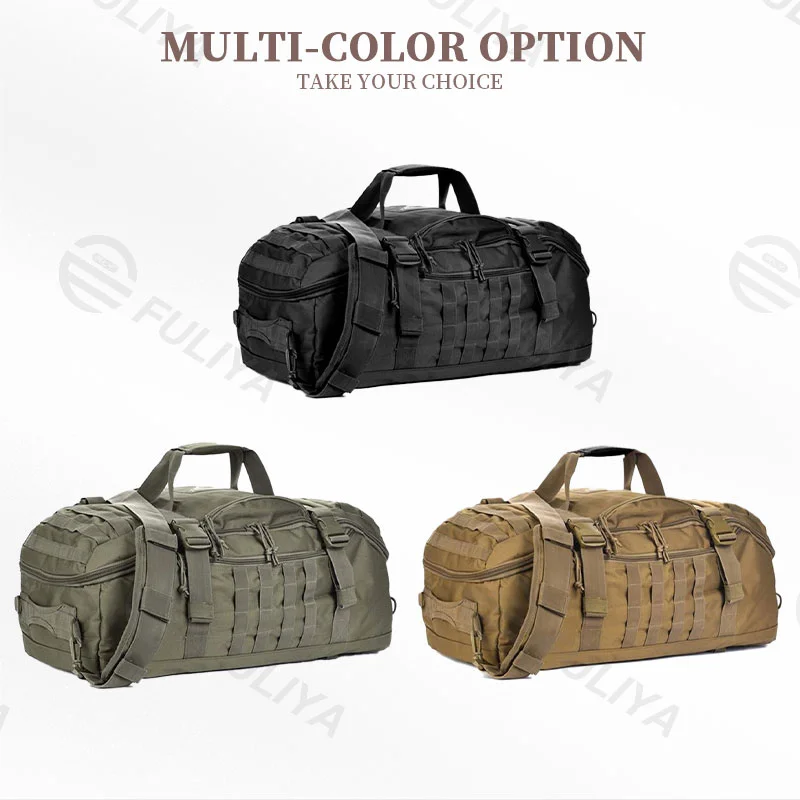Guangzhou Fuliya Industry Co.,Ltd C-80921  Tactical travel gym bag, water-resistant, large capacity, anti-theft main pocket, hidden top pocket, and MOLLE system - for short trips and fitness.