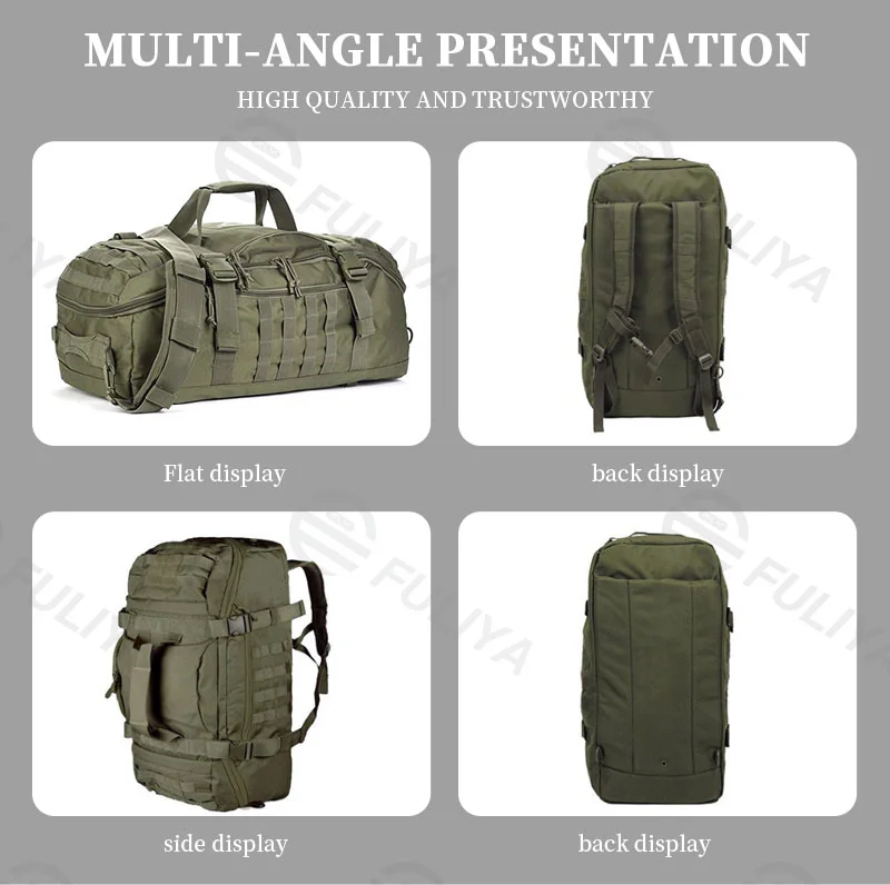 Guangzhou Fuliya Industry Co.,Ltd C-80921  Tactical travel gym bag, water-resistant, large capacity, anti-theft main pocket, hidden top pocket, and MOLLE system - for short trips and fitness.