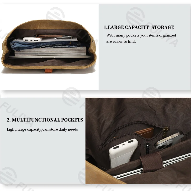 Guangzhou Fuliya Industry Co.,Ltd C-80924  New water-repellent oil-wax canvas crossbody bag, vintage crazy horse leather accents, multi-compartment storage, fits 15.6" laptop, widened cowhide shoulder pad - for commuting and daily use.