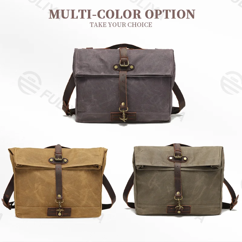 Guangzhou Fuliya Industry Co.,Ltd C-80924  New water-repellent oil-wax canvas crossbody bag, vintage crazy horse leather accents, multi-compartment storage, fits 15.6" laptop, widened cowhide shoulder pad - for commuting and daily use.