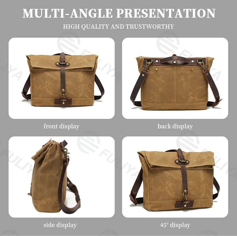 Guangzhou Fuliya Industry Co.,Ltd C-80924  New water-repellent oil-wax canvas crossbody bag, vintage crazy horse leather accents, multi-compartment storage, fits 15.6" laptop, widened cowhide shoulder pad - for commuting and daily use.