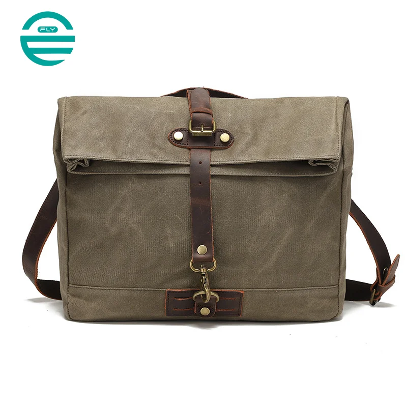 Guangzhou Fuliya Industry Co.,Ltd C-80924  New water-repellent oil-wax canvas crossbody bag, vintage crazy horse leather accents, multi-compartment storage, fits 15.6" laptop, widened cowhide shoulder pad - for commuting and daily use.