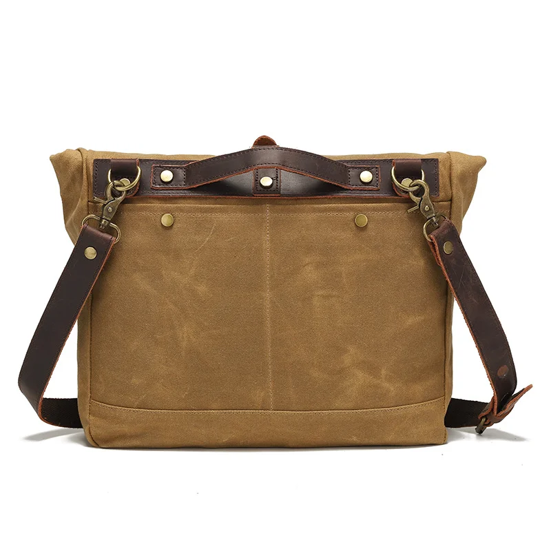 Guangzhou Fuliya Industry Co.,Ltd C-80924  New water-repellent oil-wax canvas crossbody bag, vintage crazy horse leather accents, multi-compartment storage, fits 15.6" laptop, widened cowhide shoulder pad - for commuting and daily use.