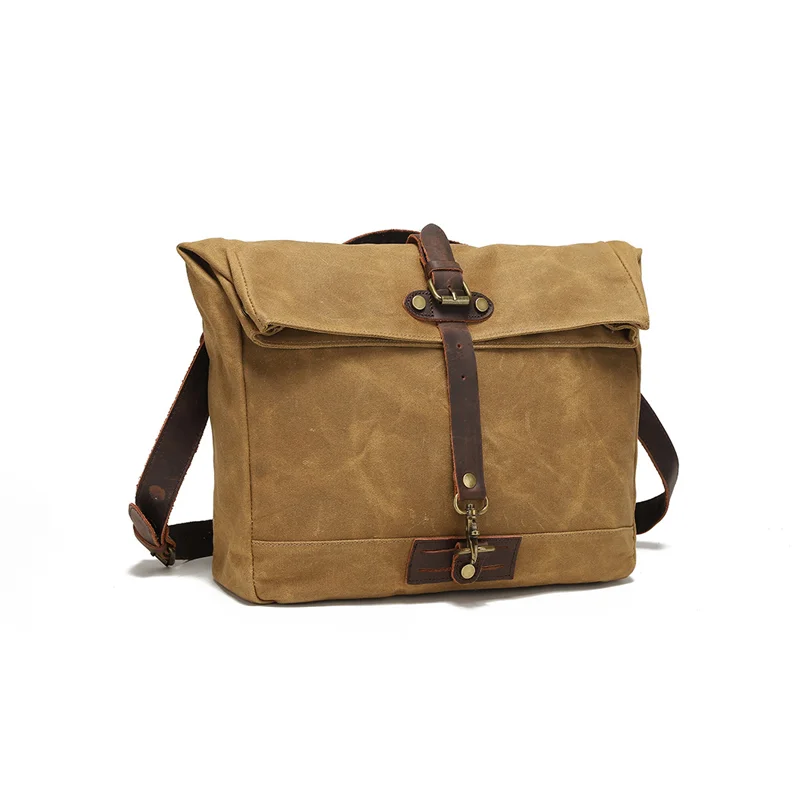 Guangzhou Fuliya Industry Co.,Ltd C-80924  New water-repellent oil-wax canvas crossbody bag, vintage crazy horse leather accents, multi-compartment storage, fits 15.6" laptop, widened cowhide shoulder pad - for commuting and daily use.