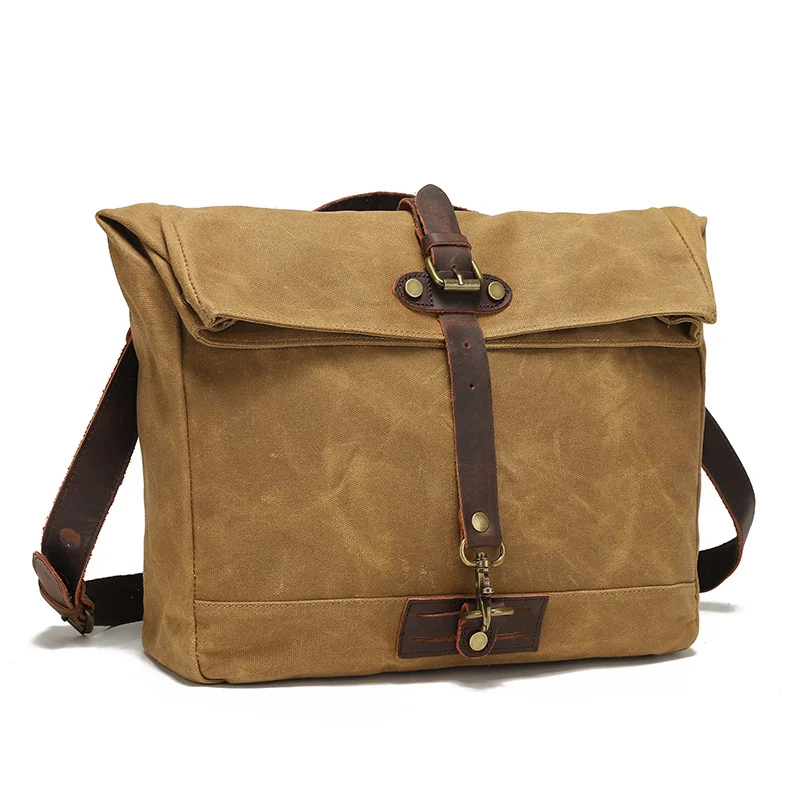 Guangzhou Fuliya Industry Co.,Ltd C-80924  New water-repellent oil-wax canvas crossbody bag, vintage crazy horse leather accents, multi-compartment storage, fits 15.6" laptop, widened cowhide shoulder pad - for commuting and daily use.