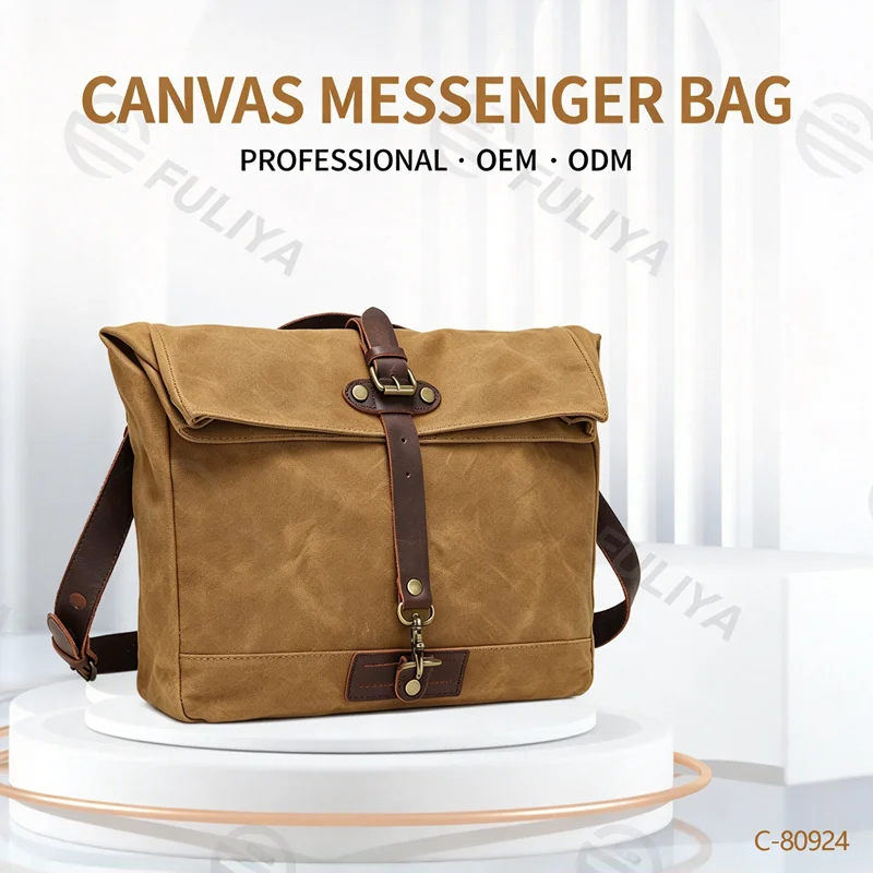 Guangzhou Fuliya Industry Co.,Ltd C-80924  New water-repellent oil-wax canvas crossbody bag, vintage crazy horse leather accents, multi-compartment storage, fits 15.6" laptop, widened cowhide shoulder pad - for commuting and daily use.