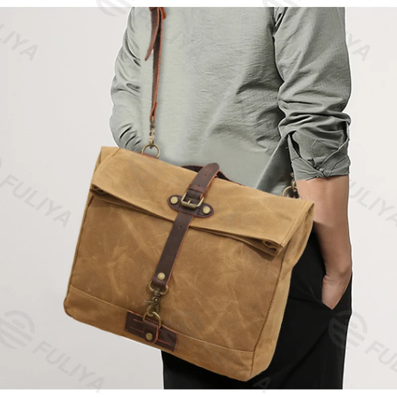Guangzhou Fuliya Industry Co.,Ltd C-80924  New water-repellent oil-wax canvas crossbody bag, vintage crazy horse leather accents, multi-compartment storage, fits 15.6" laptop, widened cowhide shoulder pad - for commuting and daily use.