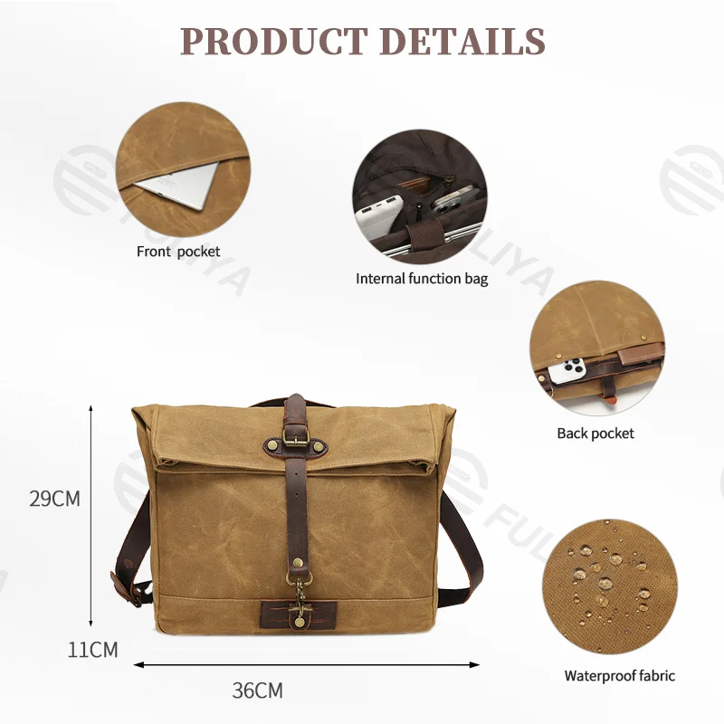 Guangzhou Fuliya Industry Co.,Ltd C-80924  New water-repellent oil-wax canvas crossbody bag, vintage crazy horse leather accents, multi-compartment storage, fits 15.6" laptop, widened cowhide shoulder pad - for commuting and daily use.