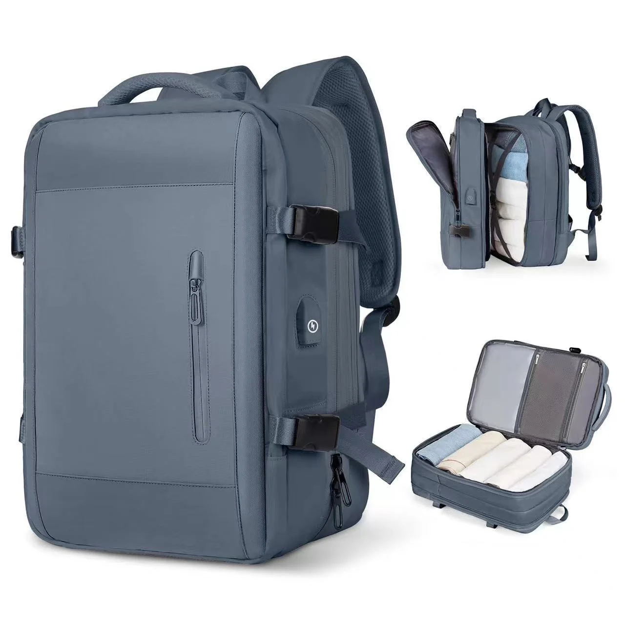 Guangzhou Fuliya Industry Co.,Ltd C-80925 New expandable backpack, water-resistant, 28L to 40L, laptop compartment, wet/dry pocket, anti-theft rear pocket, USB port, and luggage strap - for commuting, travel, and business trips.
