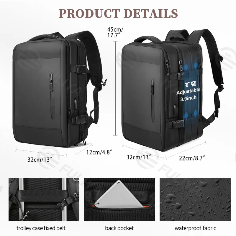 Guangzhou Fuliya Industry Co.,Ltd C-80925 New expandable backpack, water-resistant, 28L to 40L, laptop compartment, wet/dry pocket, anti-theft rear pocket, USB port, and luggage strap - for commuting, travel, and business trips.