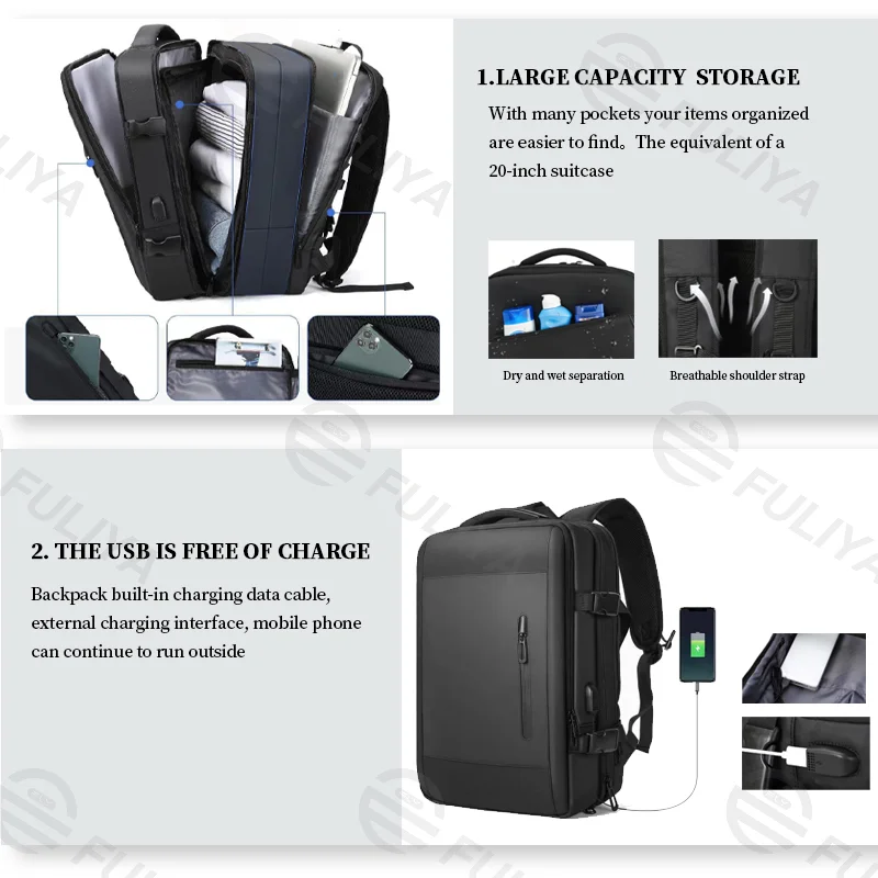 Guangzhou Fuliya Industry Co.,Ltd C-80925 New expandable backpack, water-resistant, 28L to 40L, laptop compartment, wet/dry pocket, anti-theft rear pocket, USB port, and luggage strap - for commuting, travel, and business trips.