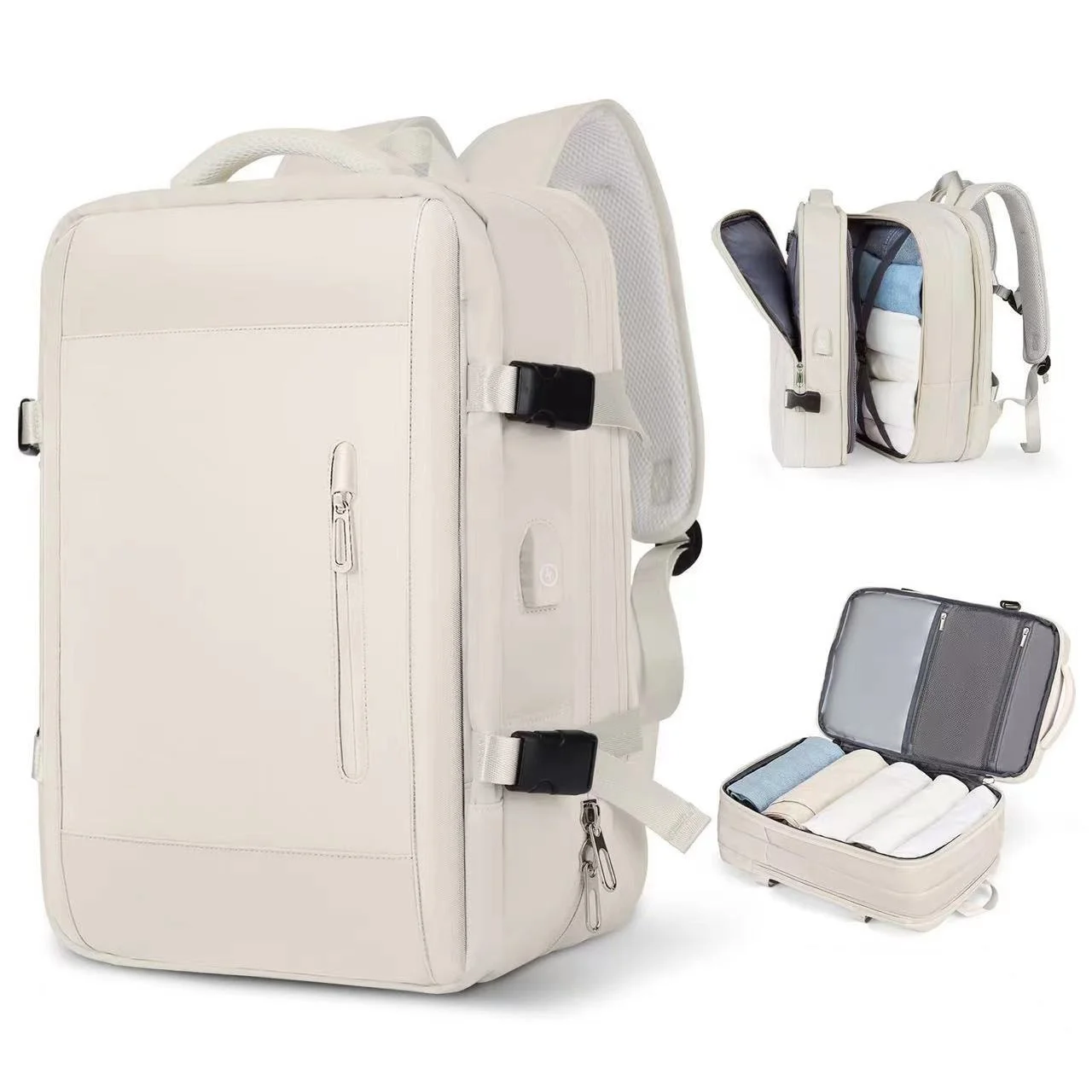 Guangzhou Fuliya Industry Co.,Ltd C-80925 New expandable backpack, water-resistant, 28L to 40L, laptop compartment, wet/dry pocket, anti-theft rear pocket, USB port, and luggage strap - for commuting, travel, and business trips.