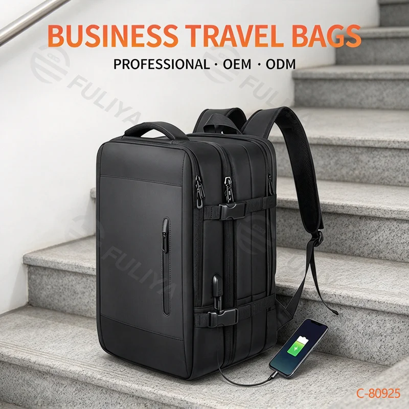 Guangzhou Fuliya Industry Co.,Ltd C-80925 New expandable backpack, water-resistant, 28L to 40L, laptop compartment, wet/dry pocket, anti-theft rear pocket, USB port, and luggage strap - for commuting, travel, and business trips.
