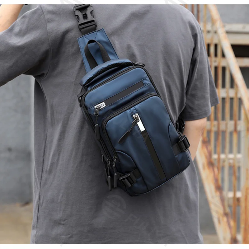 Guangzhou Fuliya Industry Co.,Ltd C-80926 New men's water-repellent multi-functional chest bag, multi-layer large capacity, approx. 0.34kg, USB port, and adjustable strap - shoulder, backpack, hand, or chest carry for casual, commuting, and outdoor.