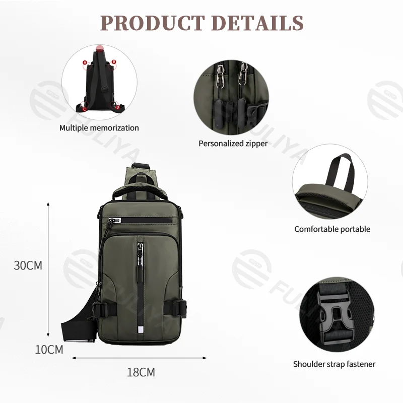 Guangzhou Fuliya Industry Co.,Ltd C-80926 New men's water-repellent multi-functional chest bag, multi-layer large capacity, approx. 0.34kg, USB port, and adjustable strap - shoulder, backpack, hand, or chest carry for casual, commuting, and outdoor.