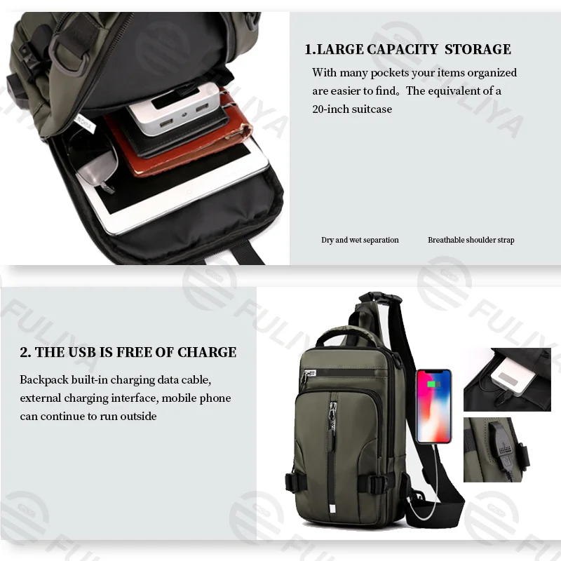 Guangzhou Fuliya Industry Co.,Ltd C-80926 New men's water-repellent multi-functional chest bag, multi-layer large capacity, approx. 0.34kg, USB port, and adjustable strap - shoulder, backpack, hand, or chest carry for casual, commuting, and outdoor.