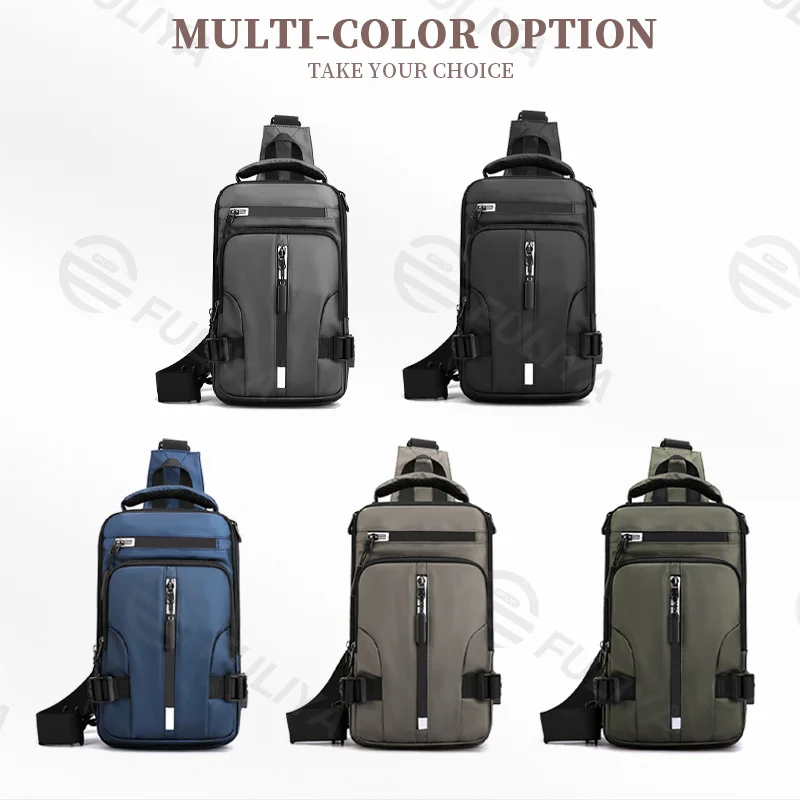 Guangzhou Fuliya Industry Co.,Ltd C-80926 New men's water-repellent multi-functional chest bag, multi-layer large capacity, approx. 0.34kg, USB port, and adjustable strap - shoulder, backpack, hand, or chest carry for casual, commuting, and outdoor.