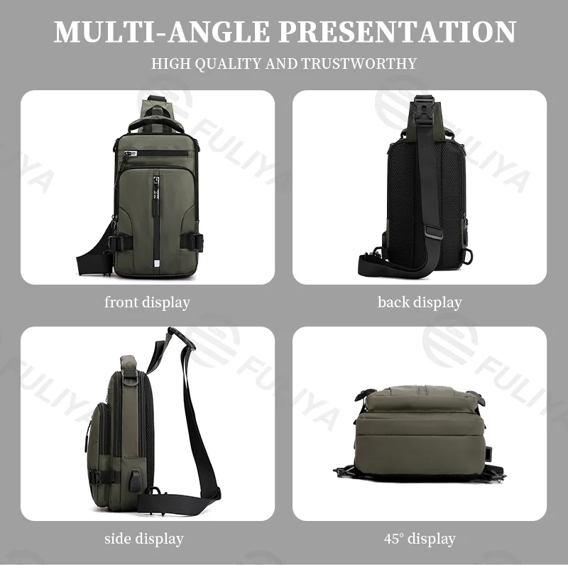 Guangzhou Fuliya Industry Co.,Ltd C-80926 New men's water-repellent multi-functional chest bag, multi-layer large capacity, approx. 0.34kg, USB port, and adjustable strap - shoulder, backpack, hand, or chest carry for casual, commuting, and outdoor.