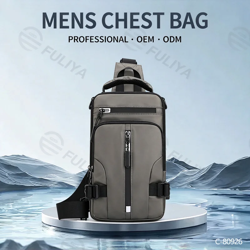 Guangzhou Fuliya Industry Co.,Ltd C-80926 New men's water-repellent multi-functional chest bag, multi-layer large capacity, approx. 0.34kg, USB port, and adjustable strap - shoulder, backpack, hand, or chest carry for casual, commuting, and outdoor.