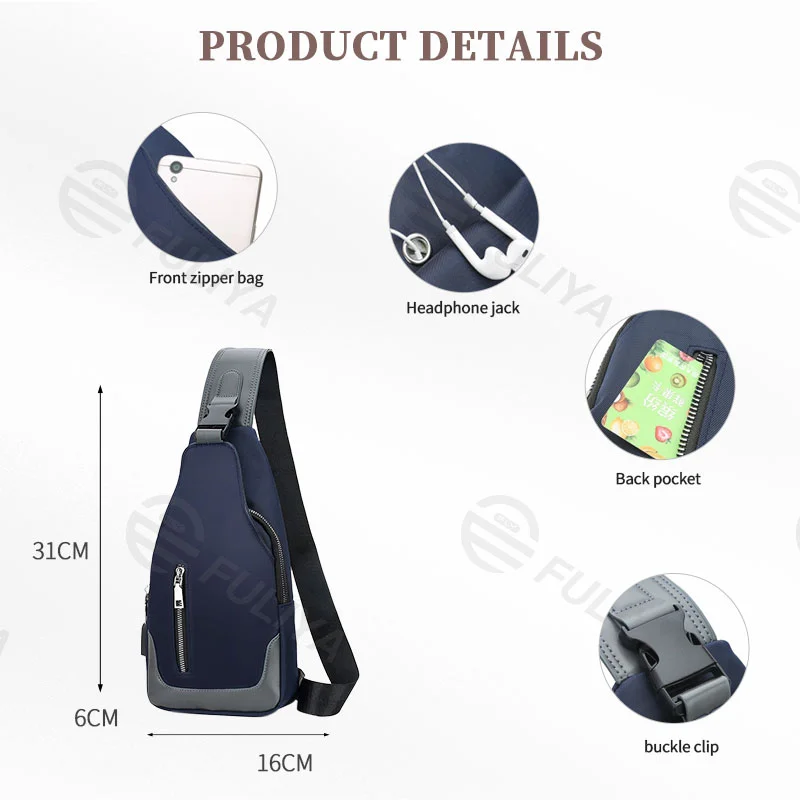 Guangzhou Fuliya Industry Co.,Ltd C-80929 Men's Oxford chest bag, minimalist business design, headphone hole, adjustable strap, hidden zipper pocket, and USB port - for commuting, daily use, and travel.