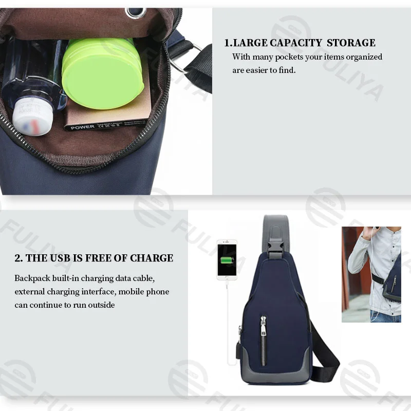 Guangzhou Fuliya Industry Co.,Ltd C-80929 Men's Oxford chest bag, minimalist business design, headphone hole, adjustable strap, hidden zipper pocket, and USB port - for commuting, daily use, and travel.