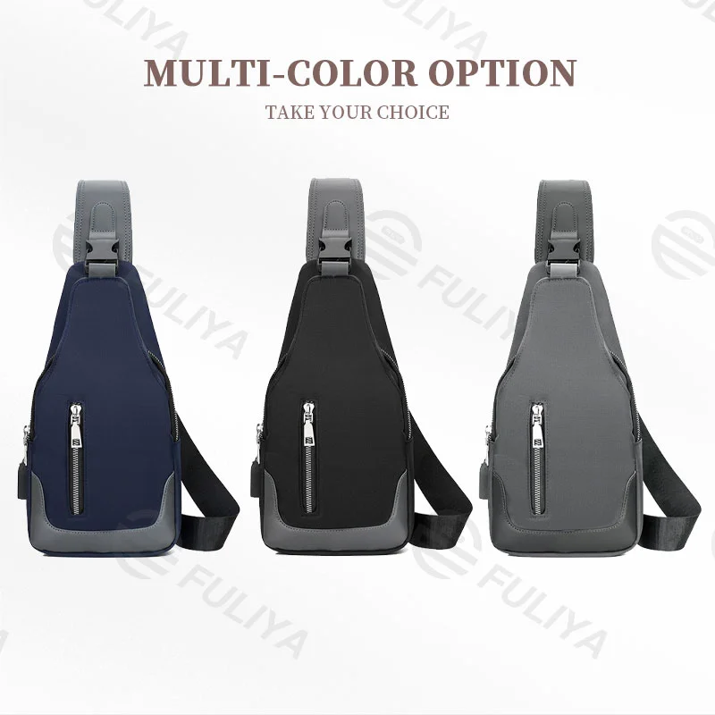 Guangzhou Fuliya Industry Co.,Ltd C-80929 Men's Oxford chest bag, minimalist business design, headphone hole, adjustable strap, hidden zipper pocket, and USB port - for commuting, daily use, and travel.