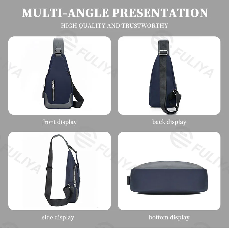 Guangzhou Fuliya Industry Co.,Ltd C-80929 Men's Oxford chest bag, minimalist business design, headphone hole, adjustable strap, hidden zipper pocket, and USB port - for commuting, daily use, and travel.