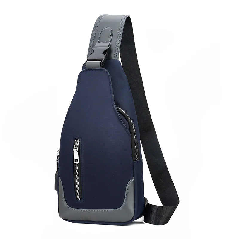 Guangzhou Fuliya Industry Co.,Ltd C-80929 Men's Oxford chest bag, minimalist business design, headphone hole, adjustable strap, hidden zipper pocket, and USB port - for commuting, daily use, and travel.