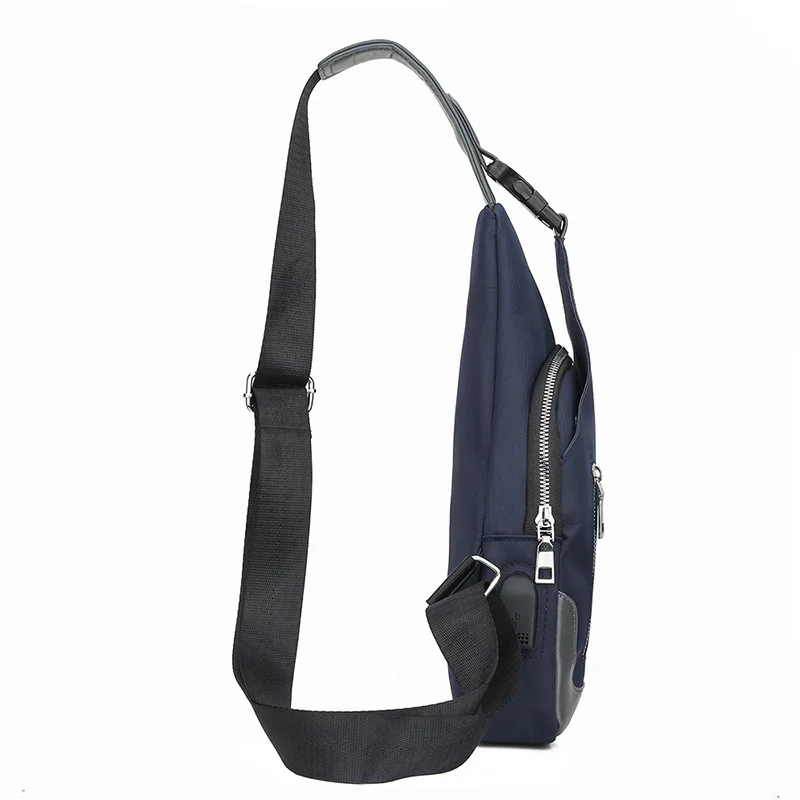 Guangzhou Fuliya Industry Co.,Ltd C-80929 Men's Oxford chest bag, minimalist business design, headphone hole, adjustable strap, hidden zipper pocket, and USB port - for commuting, daily use, and travel.